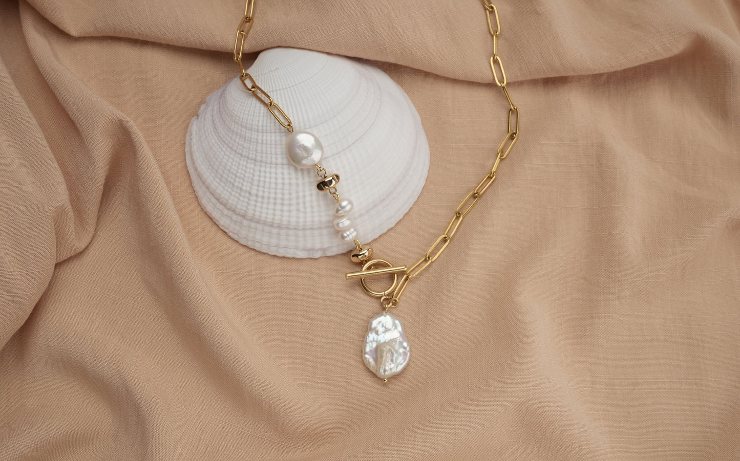 Paperclip Chain with Freshwater Coin, Semi-Coin and Dancing Pearl Necklace - Ophelia
