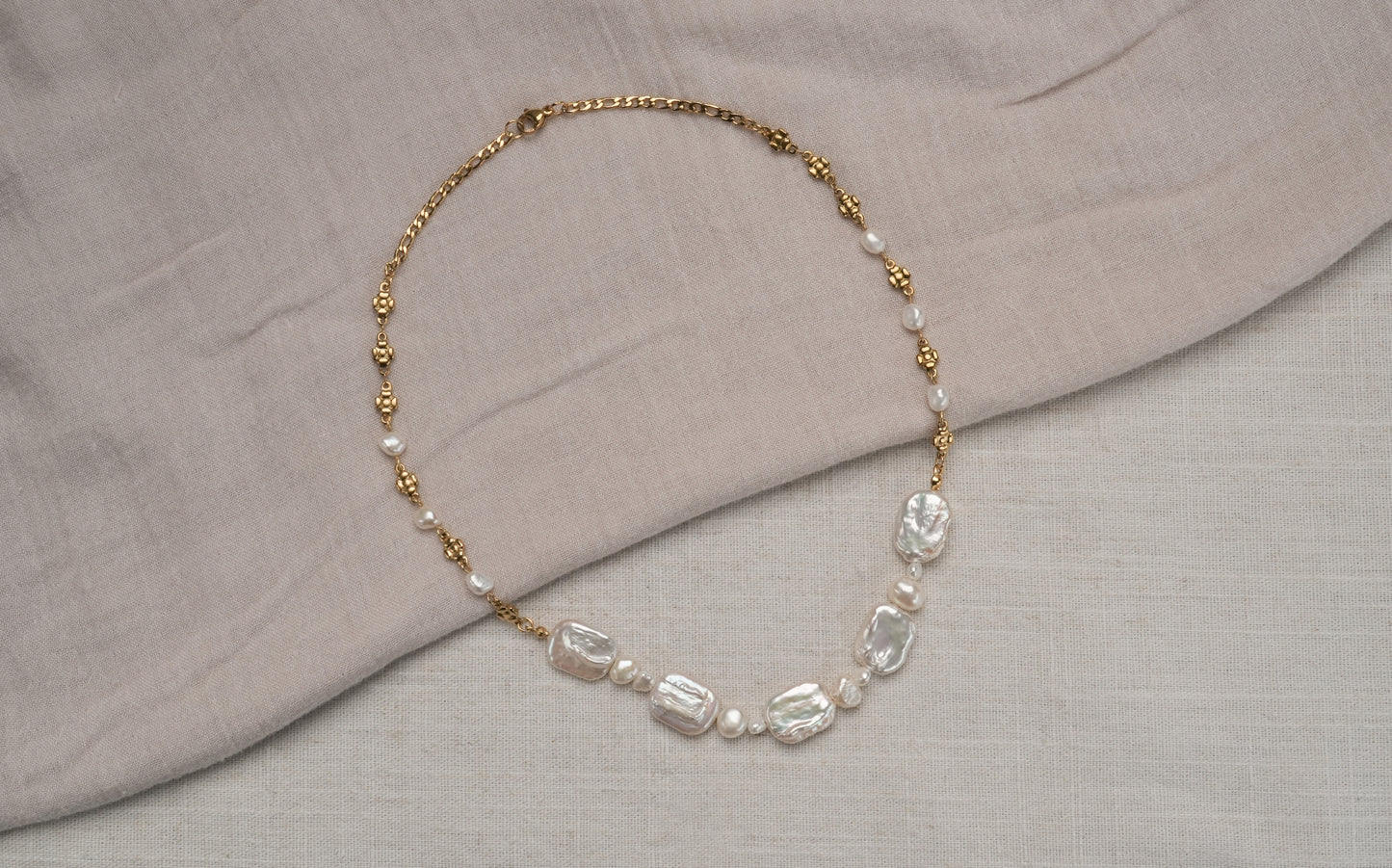 Chunky Rectangular and Baroque Freshwater Pearls With Floral Chain Necklace - Aurora