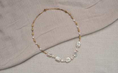 Chunky Rectangular and Baroque Freshwater Pearls With Floral Chain Necklace - Aurora