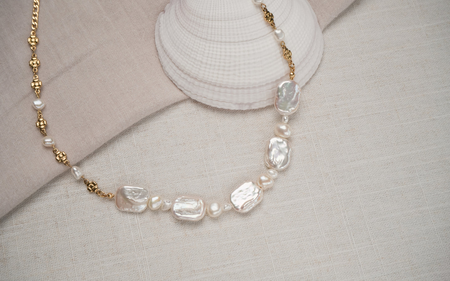 Chunky Rectangular and Baroque Freshwater Pearls With Floral Chain Necklace - Aurora