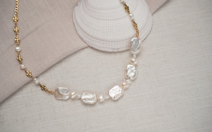 Chunky Rectangular and Baroque Freshwater Pearls With Floral Chain Necklace - Aurora