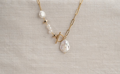 Paperclip Chain with Freshwater Coin, Semi-Coin and Dancing Pearl Necklace - Ophelia