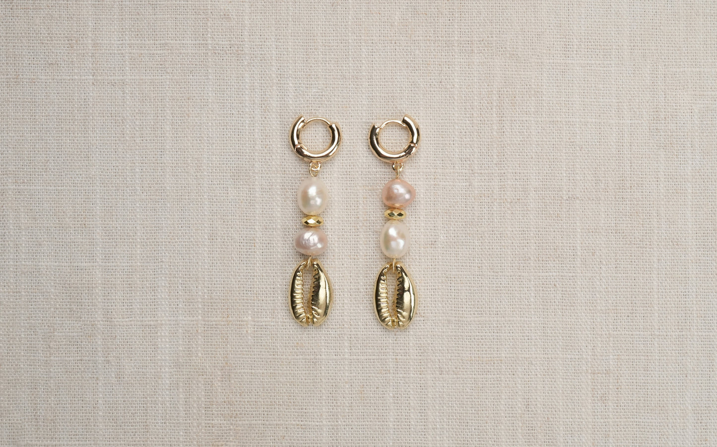 Pink and White Baroque with Gold Cowrie Shell Hoop Earrings - Cora