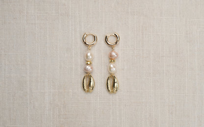 Pink and White Baroque with Gold Cowrie Shell Hoop Earrings - Cora