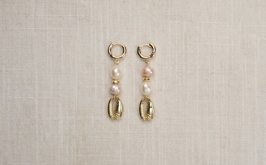Pink and White Baroque with Gold Cowrie Shell Hoop Earrings - Cora