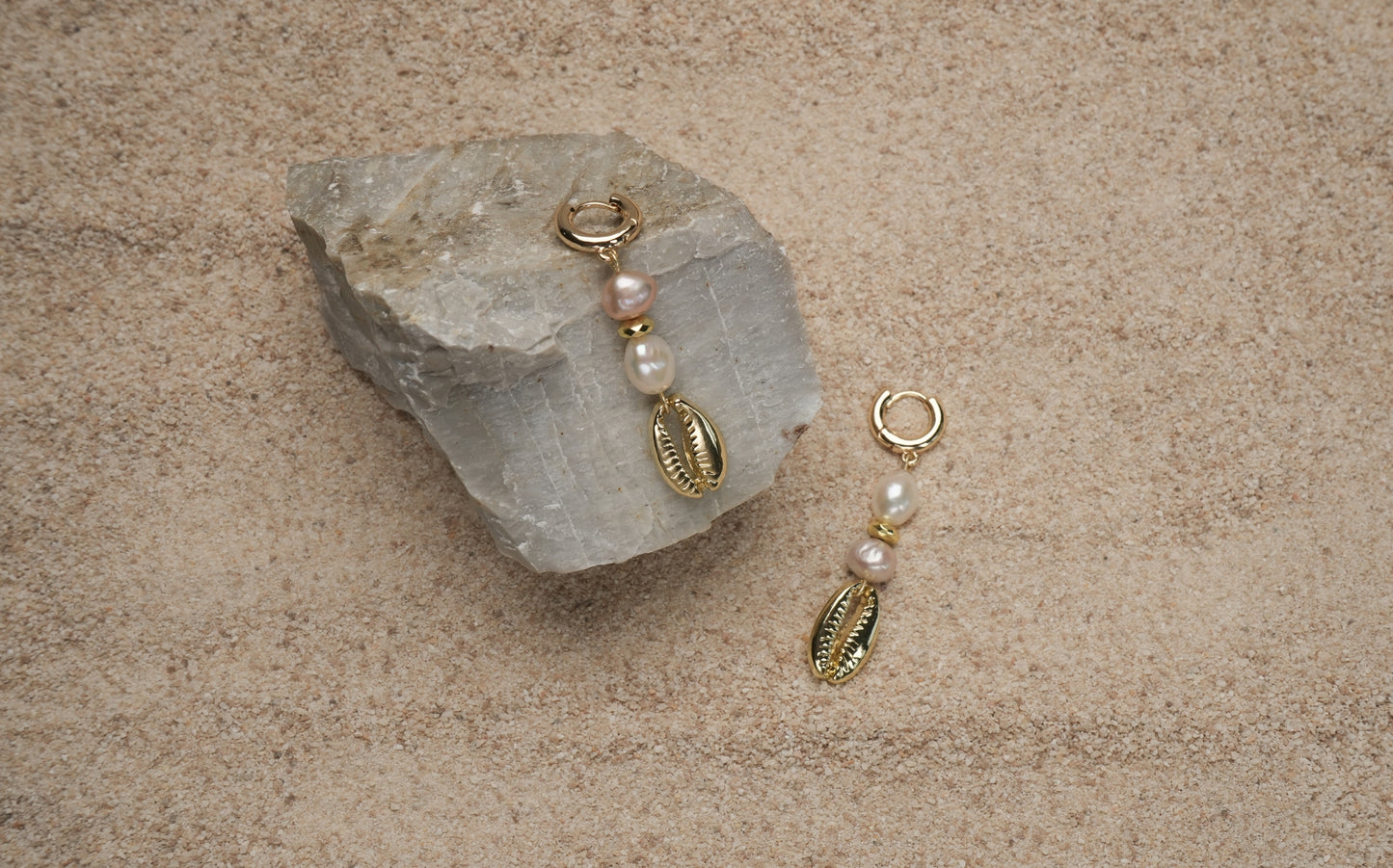 Pink and White Baroque with Gold Cowrie Shell Hoop Earrings - Cora