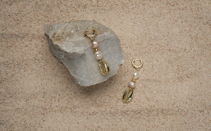 Pink and White Baroque with Gold Cowrie Shell Hoop Earrings - Cora