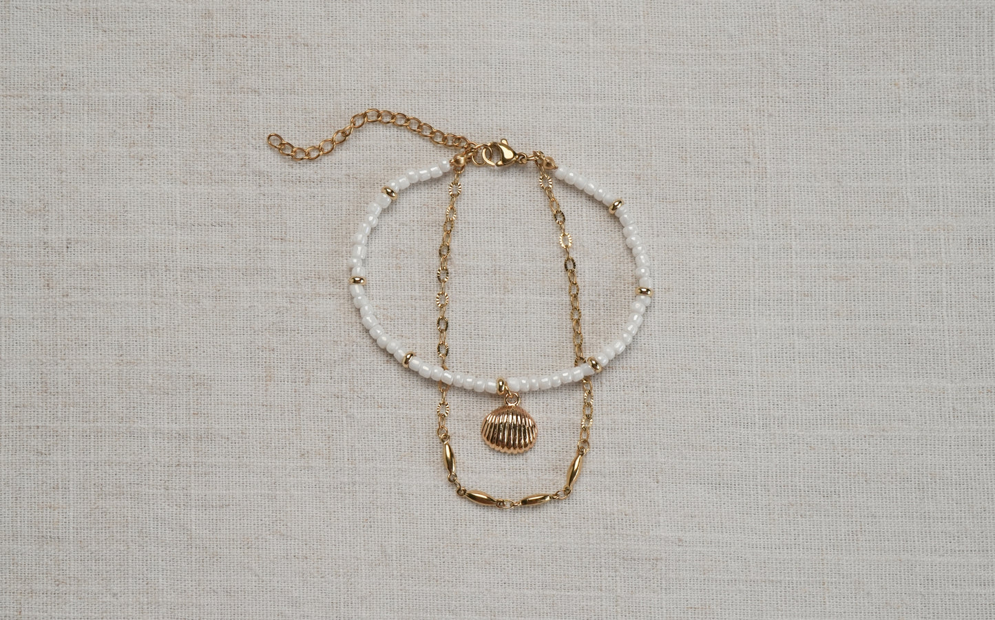 White Glass Beads with Gold Shell Double Chain Bracelet - Charlotte