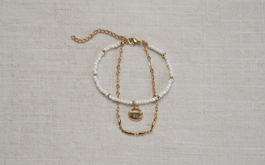 White Glass Beads with Gold Shell Double Chain Bracelet - Charlotte