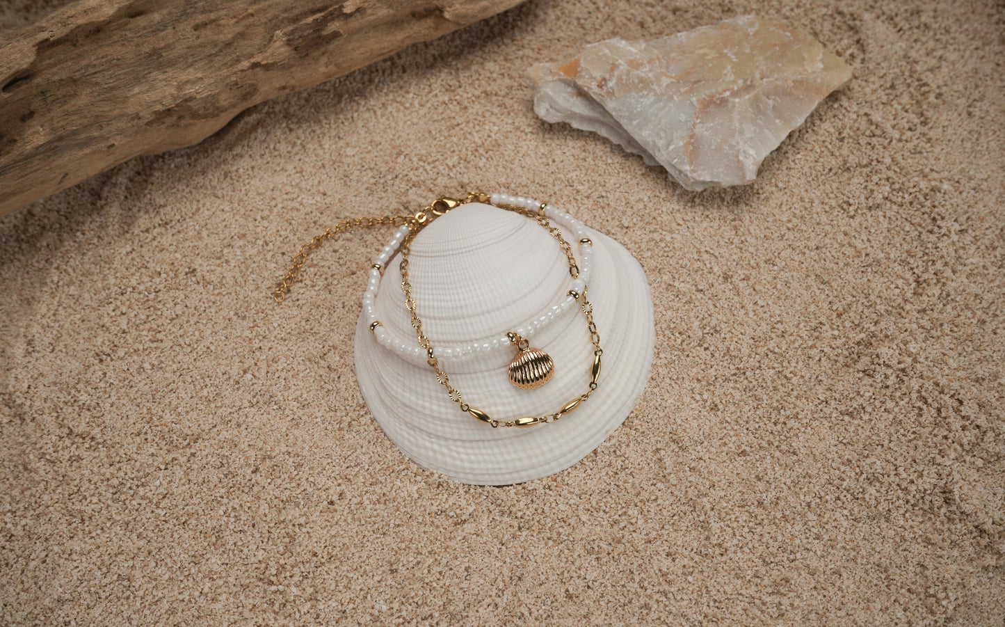 White Glass Beads with Gold Shell Double Chain Bracelet - Charlotte