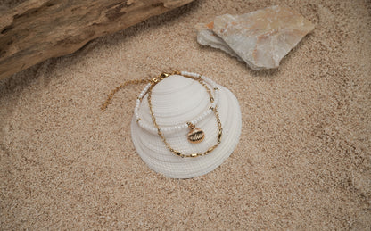 White Glass Beads with Gold Shell Double Chain Bracelet - Charlotte